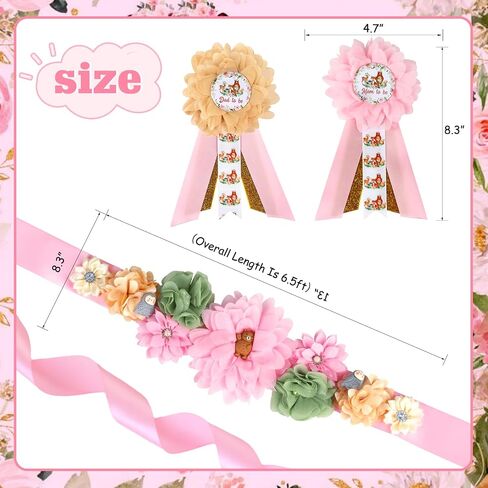 JOYMEMO Pink Woodland Animal Baby Shower Maternity Sash Kit - Woodland Theme Baby Shower Belly Belt and Mom to Be & Dad to Be Corsage Pins, Pregnancy New Parents Photo Props Party Supplies in Saudi Arabia