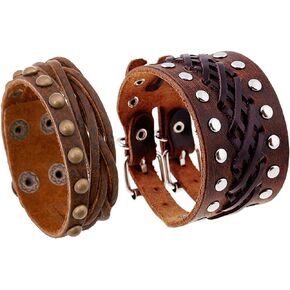 Handmade Leather Bracelet Punk Wristband Set Adjustable Cuff Buckle Belt (Rivet)