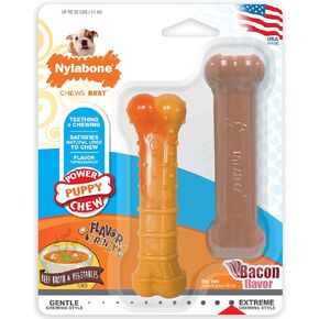 Nylabone Puppy Power Chew Toy - Tough and Durable Puppy Chew Toy for Teething - Puppy Supplies - Bacon & Beef Broth Flavor, Small (2 Count)