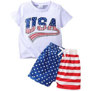 4th of July Baby Boy Outfit Toddler Boy USA Printed T-shirt American Flag Shorts Summer Patriot Outfit