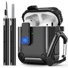 for AirPods Cover Case with Cleaner kit,Carbon Fiber Full Body Shockproof Hard Shell Protection Design Case for Apple AirPods 2nd/1st Generation [with Secure Lock Clip]-Black