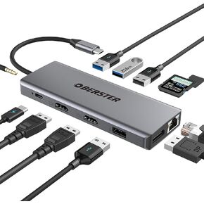OBERSTER USB C Hub Triple Display 12 in 1 USB C Adapter with 2 HDMI, DP, 100W PD, 2 USB 3.0, 2 USB 2.0, Ethernet, SD/TF Card Readers, Mic/Audio Dual Monitor Compatibility for Mac, Laptop