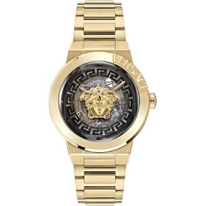 Versace Medusa Infinite Collection Luxury Womens Watch Timepiece with a Gold Bracelet Featuring a Gold Case and Black Dial