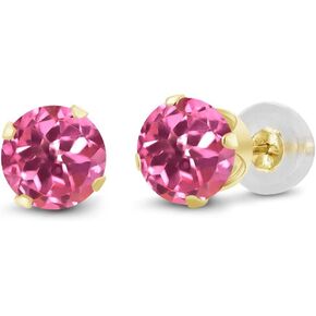 Gem Stone King 10K Yellow Gold Mystic Pink Topaz Stud Earrings | 2.00 Cttw | Gemstone Birthstone | 6MM Round Cut Gold Earrings for Women