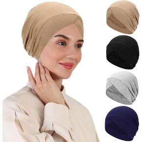 4 PCS Hijab Undercap for Women, Islamic Muslim Under Hijab Cap Cross Turban Underscarf Solid Color Undercap Bonnet Inner Head Scarf Head Wraps Hair Turbans for Women Chemo Headwear Sleep Cap