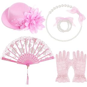 obmwang 5 Pieces Girls Tea Party Supplies Tea Party Gloves Hats Girls Kids Tea Party Necklace Fan for Girls Tea Party Costume
