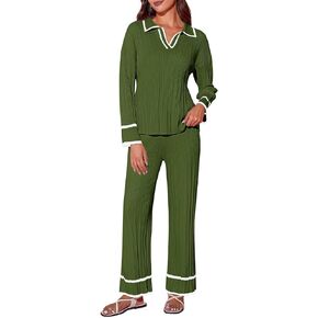Imily Bela Womens 2 Piece Lounge Sets Long Sleeve Tops Wide Leg Pants Casual Outfits Ribbed Matching Set