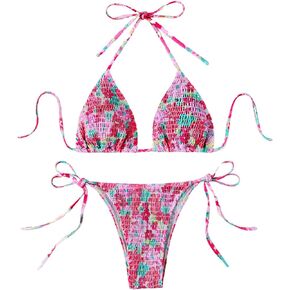 Women's 2 Piece Floral Bikini Sets Smocked Halter Triangle Bikini Drawstring Tie Side Sexy Cute Swimsuits