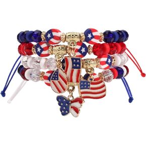 4th of July Gifts Red White Blue Star Bead Bracelets Set Stackable American Flag Patriotic Independence Day Bangles Heishi Surfer Clay Summer Beach Stretch Party Accessories for Women Men