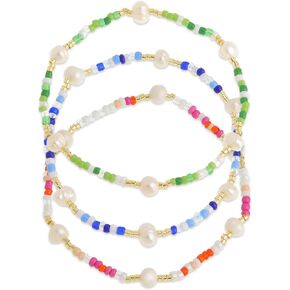 Gold Seed Beads Pearl Bracelets Stack Set for Women Girls, 3Pcs Boho Handmade stackable colorful Beaded Stretch Stackable Bracelet Beach Jewelry Gift.