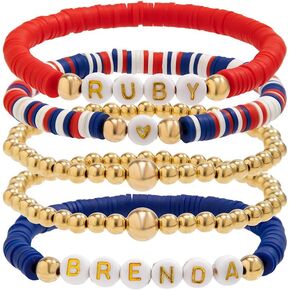 Holiday Surfer Clay Beads Stretch Bracelets Set 4th of July Independence Day Stackable Bracelets Patriotic Red White Blue America Flag Charms Jewelry