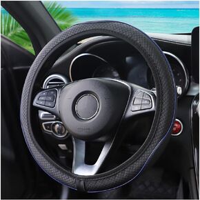Car Steering Wheel Cover, Leather Auto Steering Wheel Protector, Anti-Slip Car Interior Protection Accessories for Men and Women, 15 inch Universal for Most Cars, Trucks, SUV（Black/Blue）