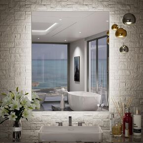 TETOTE 60 x 40 LED Backlit Bathroom Mirror with Light,3 Color White/Warm/Natural,Anti-Fog Lighted Mirror,Dimmable,Vanity Mirror,Wall Mounted