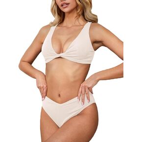 Tripsky Women's Ribbed Bikini Sets Solid V Neck Knot Front High Leg Thong Two Piece Bathing Suits