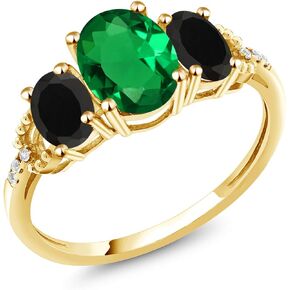 Gem Stone King 1.59 Ct Oval Green Simulated Emerald Black Onyx 10K Yellow Gold Ring