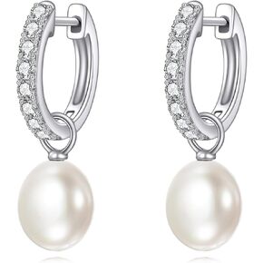 Yellow Gold Pearl Drop Earrings Fine Gold Classical Freshwater Pearl Hoop Earrings Christmas Gifts for Women Girls
