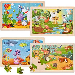 Wooden Puzzles for Kids Ages 3 4 5, 4 Packs 24 Pcs, Sea and Animal Puzzles for Toddlers, Toddlers Jigsaw Puzzles, Preschool Educational Learning Toys for Boys and Girls