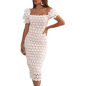 Elegant Lace Commuter Mid Waist Slim Dress Temperament Crochet Medium Long Cocktail Prom Evening Gowns in Kuwait