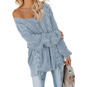 EVALESS Women's Oversized Off Shoulder Cable Knit V Neck Chunky Long Sleeve Sweaters Pullover Loose Fitting Jumper Tops in Saudi Arabia