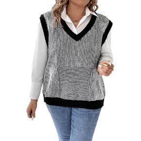 OYOANGLE Women's Plus V Neck Striped Print Sleeveless Contrast Binding Pullover Knitted Sweater Vest