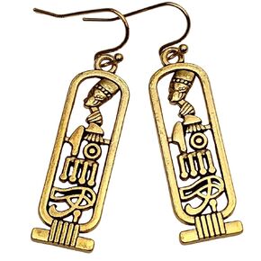Gold Tone Egyptian Cartouche Earrings, Nefertiti Eye of Horus Hieroglyphs, Jewelry Gift for Women
