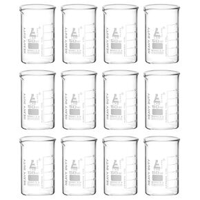 EISCO 12PK Heavy Duty Beakers, 50ml - 5mm Thick, Uniform Walls - Superior Durability & Chemical Resistance - White Graduations - Borosilicate 3.3 Glass