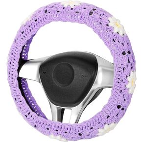 Crochet Steering Wheel Cover Set,Cute Car Steering Wheel Cover Boho 14-15 in,Handmade Daisy Granny Square Pattern Gift,Women Car Accessories (A Wheel Cover)