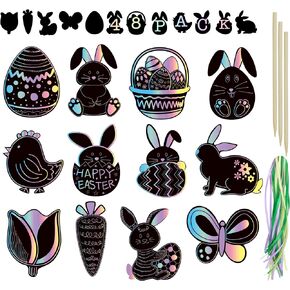 Easter Scratch Paper, Art & Craft Bulk Pack, 48 Ornaments with 24 Sticks Pastel Colors by Iconikal