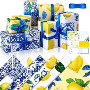 Motiskyy 12 Sheets Capri Lemon Wrapping Paper Bridal Shower Wrapping Paper 28x20 Inch Blue Tiles Lemon Tissue Paper with 12 Adhesive Gift Tags and 8.75 yards of Ribbon for Baby Bridal Shower Gift Wrap