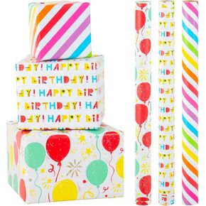 Homeral Birthday Wrapping Paper Roll - Pink with Balloon, Gift Box, Happy Birthday Lettering Cute Birthday Gift Wrap Paper for Birthday, Baby Shower, Party - 3 Rolls: 17 x 120 Inch Per Roll