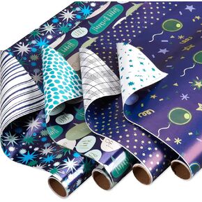 American Greetings 160 sq. ft. Reversible Wrapping Paper Bundle for Birthdays, Baby Showers and All Occasions, Balloons, Blue Polka Dots and Plaid (4 Rolls, 30 in. x 16 ft.)