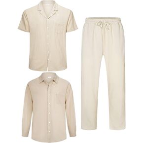 Men's Linen Sets Outfits: 3 Piece Beach Button Down Shirts Casual Loose Pants Short Sleeve Walking Suits Khaki