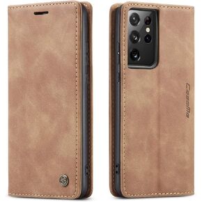 Kowauri Cellular Phone Case for Galaxy S21 Ultra, Faux Leather Flip Case with Card Slot, Magnetic Closure, Kickstand (Coffee)