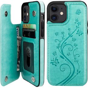 Vaburs Compatible with iPhone 12 and iPhone 12 Pro Case Wallet with Card Holder,Embossed Butterfly Pattern PU Leather Double Magnetic Buttons Flip Shockproof Cover 6.1 Inch(Blue)