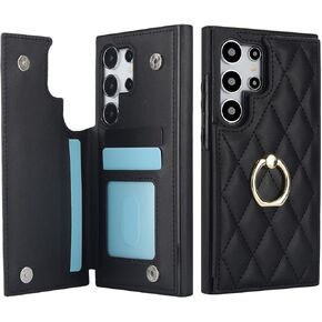 Wallet Case with Card Holder for Samsung Galaxy S24 Ultra, 360° Rotation Ring Kickstand Card Slots Case, Leather Protective Case with Double Magnetic Clasp for Galaxy S24 Ultra 6.8"-Beige