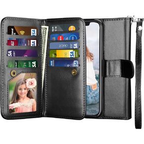 Njjex Wallet Case for iPhone X, for iPhone Xs Case, PU Leather [9 Card Slots] Credit Folio Flip Cover [Detachable] [Kickstand] Magnetic Phone Case & Wrist Lanyard for iPhone X 2017/ XS 2018 [Black]
