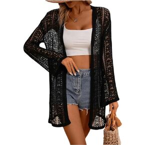 Verdusa Women's Long Sleeve Hollow Out Sheer Knitted Cardigan Kimono Cover Up