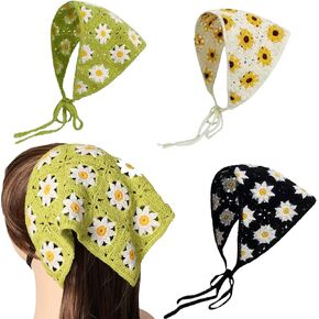 Sheliky 3Pcs Hair Bandana Crochet Head Scarf Kerchief Floral Headband Knitted Hair Scarf Headwrap for Women Girls