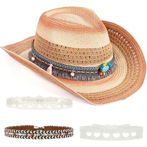 Cowboy Cowgirl Straw Hat with Bands for Women - Western with Wide Brim for Coastal Sun Beach Summer Ivory
