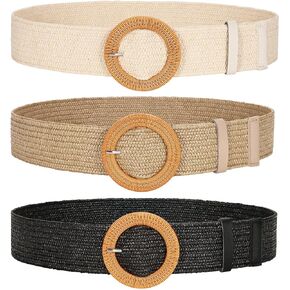 JASGOOD 3 Pack Women Straw Woven Elastic Belts Wide Stretch Raffia Waist Belt for Summer Dress