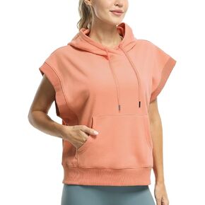 icyzone Women's Oversized Hooded Sweatshirt, Casual Workout Cap Sleeve Pullover with kangaroo Pocket