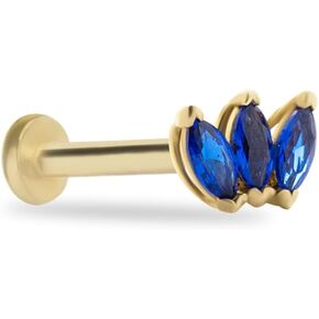 Lotus Stud Labret Cartilage Piercing Earring With Blue Zircons - 14K Solid Yellow Gold - For Helix Tragus Lobe Conch Flat & Other Body Piercing BY KORAL JEWELRY