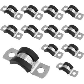 12 Pack 1 Inch Cable Clamps, Stainless Steel Pipe Clamp, Rubber Clamp Cushioned Insulated, Loop Clamp Metal clamps for Tube Pipe Wire Lines Hoses