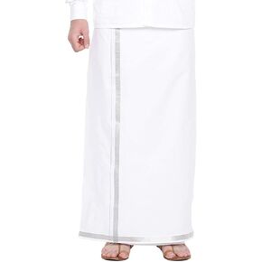 Kolakeer™ Men's Easy-To-Wear Welcro Zari Border Cotton Dhoti with Pocket - Adjustable from 28 to 38 inch Waist Size in Kuwait