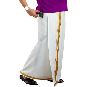 Kolakeer™ Men's Easy-To-Wear Welcro Zari Border Cotton Dhoti with Pocket - Adjustable from 28 to 38 inch Waist Size