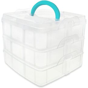 CraftMedley 3 Layer Stack and Carry Box, Plastic Multipurpose Portable Storage Container Tote with Handle - Organize Crafts, Beads, Buttons, Sewing - 6 x 6 x 5 Inches