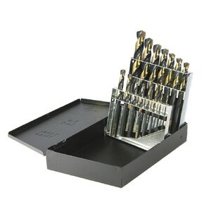 350N Series Nitro 15 Piece High-Speed Steel Mechanics Length Drill Bit Set Black and Gold Oxide Finish Round with Flats Shank Spiral Flute 135 Degrees Split Point 1/16 - 1/2 in 1/32 increments