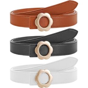 NPET Womens Leather Belt Skinny Waist Belt for Women Dresses Jeans Pants Fashion with Gold Buckle 2 Pack （Brown Black White）