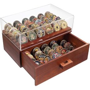 Challenge Coin Display Case with Cover, Wooden Military Medal Coin Display Case Rack Holds 66 Challenge Coin Box Holder Display Stand, Military Army Coin Holder Stand Case Box for Collector