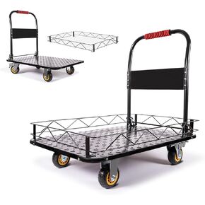 عربة مسطحة لشاحنة ذات منصة فولاذية شديدة التحمل، عربات مسطحة بسعة 2000 رطل مع عجلات، عربة دفع قابلة للطي مع سياج قابل للفصل (36 بوصة × 24 بوصة) in Kuwait
